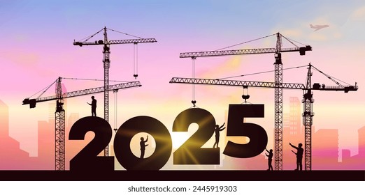 Das Personal an der schwarzen Silhouette bereitet sich auf das neue Jahr vor. Großbaustelle, viele Baukräne setzen Zahlen 2025. Bauteam Sets Zahlen für das Neue Jahr 2025. Vektorgrafik.