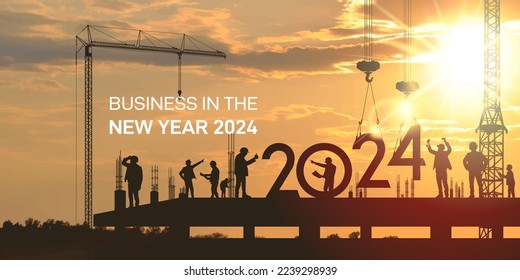 Black silhouette of staff works as a team to prepare to welcome the New Year 2024. Business in the New Year 2024. Silhouette of construction worker with crane. Vector illustration.