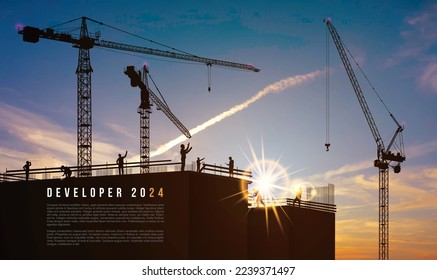 La silueta negra del personal trabaja como equipo para prepararse para dar la bienvenida al Año Nuevo 2024. Negocios en el Año Nuevo 2024. Silhouette de obrero de la construcción con grúa. Ilustración del vector de desarrollo.