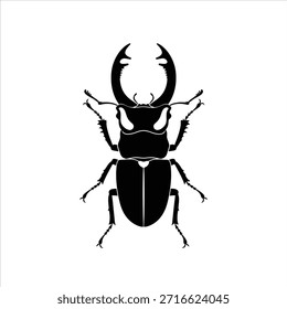 Silueta negra del escarabajo del ciervo, ilustración del insecto, aislado en el fondo blanco, vista desde arriba, entomología, elemento creativo del diseño, criatura estilizada.