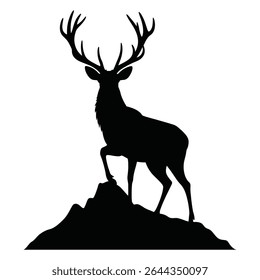 Black silhouette of a stag with large antlers standing on a mountain peak against a white background. The image is simple yet powerful in its composition and conveys a sense of wildness and majesty.