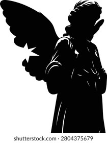 Black silhouette of a standing angel with spread feathered wings