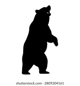 A black silhouette of a standing bear on a white background, highlighting the animals posture and form in a minimalist style.