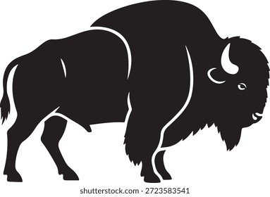 Silueta negra de un bisonte de pie con cuernos Grandes y pelaje peludo en Palabras claves blancas: bisonte