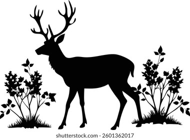 Black silhouette of a standing deer with large antlers, amidst branches and foliage, set against a clean white background. The overall monochrome gives a minimalistic view.
