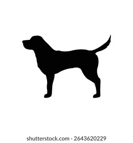 Black silhouette of a standing dog facing left on a white background. Simple and clean vector illustration perfect for pet-related icons, signage, or minimalist graphic design elements.