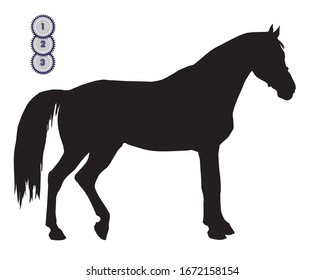 black silhouette of a standing German horse isolated on a white background and premium rosettes