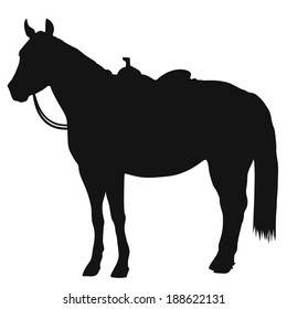 A black silhouette of a standing horse wearing a western saddle