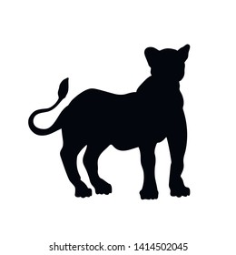 Black silhouette of  standing lion on white background. Lioness image. Isolated icon of wild cat. African animals. Vector illustration 