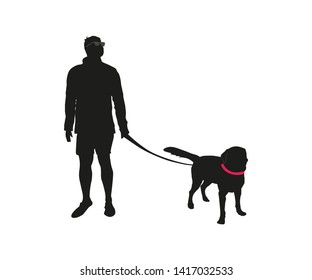 Black silhouette of standing man with big dog. Elements for design, pet shop, food for animals. Vector illustration