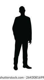 Silhueta preta de um homem de pé em postura casual, estilo gráfico minimalista em um fundo branco. Conceito de anonimato, simplicidade, identidade. Ilustração vetorial