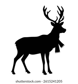 Black Silhouette Of Standing Reindeer With Scarf Isolated On White Background