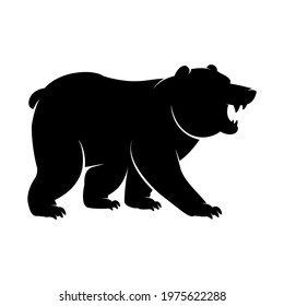 Black Silhouette of a standing and roaring Bear icon. Vector illustration of an angry monochrome arctic animal, polar bear or Grizzly logo with big clawed paws isolated on a white background