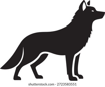 Silueta negra de un lobo de pie con orejas puntiagudas y una larga cola en Palabras claves blancas: lobo