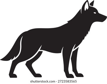 Silueta negra de un lobo de pie con orejas puntiagudas y una larga cola en Palabras claves blancas: lobo