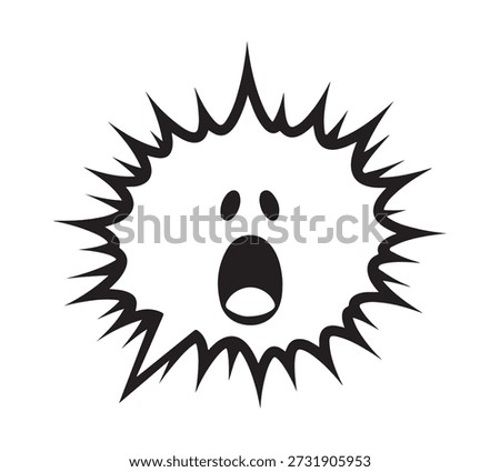 A black silhouette of a startled face in a jagged burst.