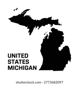 A black silhouette of the state of michigan with the text united states michigan below