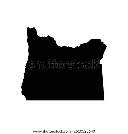 Black silhouette of the state of Oregon is presented against a white background. The illustration captures the distinct shape with sharp edges and curves.