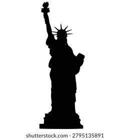 A black silhouette of the Statue of Liberty is displayed against a plain white background. The statue is shown in