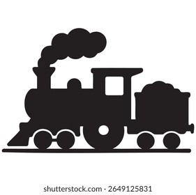 Black silhouette of a steam train with smoke and coal tender