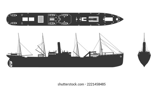 Black silhouette of steamer. Contour steamship industrial blueprint. Old ship view: top, side and front. Isolated steamboat drawing. Industry vehicle. Vector illustration