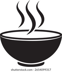 Black silhouette of a steaming bowl of soup isolated on transparent background