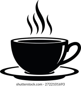 Silueta negra de café humeante o taza de té en platillo, Ilustración vectorial para café, Silueta negra de café humeante o taza de té en platillo, Ilustración vectorial para café,