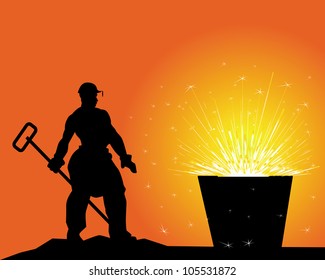 black silhouette of a steelworker on an orange background