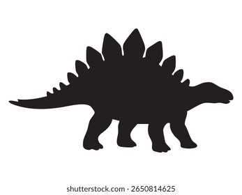 Black silhouette of Stegosaurus dinosaur with back plates and spiked tail, isolated on white background, graphic illustration. Concept of prehistoric herbivore, jurassic dinosaur, reptile icon.