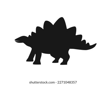 Black silhouette of stegosaurus. Funny dinosaur with thorns on the back, prehistoric herbivorous animal. Hand drawn vector illustration isolated on white background, flat style.