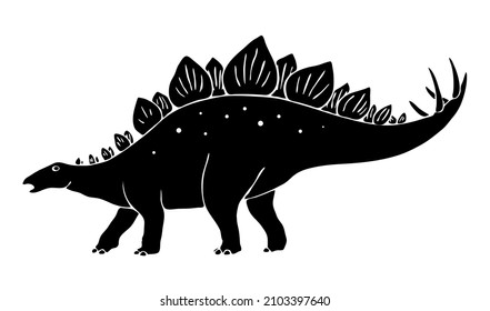 Black Silhouette Of A Stegosaurus On A White Background. Extinct Herbivorous Dinosaur. There Are Plates On The Back, Sharp Thorns On The Tail. Jurassic Prehistoric Animal. Vector Isolated Illustration