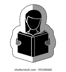 black silhouette sticker with woman reading a book vector illustration