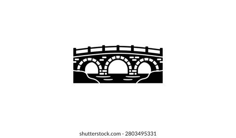 A black silhouette of a stone bridge with arches over water a minimalist graphic silhouette arched waterway architecture