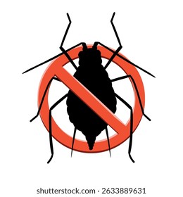 Black silhouette Stop aphid insect. Stop insects sign. Aphid insect in red forbidding circle, vector
