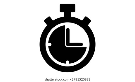 A black silhouette of a stopwatch, a classic timekeeping device, is displayed against a pure white background. The stopwatch features a circular face with two hands indicating a specific time.