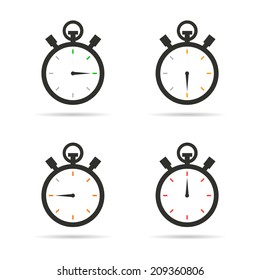 Black silhouette stopwatch flat style icons set on white background