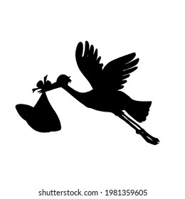 Black silhouette of a stork bird carrying a baby on a white background.Vector bird can be used in textiles, postcards.Manual drawing in the doodle style, icon.
