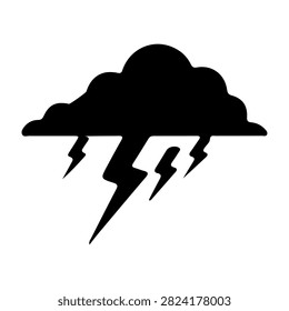 A black silhouette of a storm cloud with three lightning bolts striking downward, symbolizing stormy weather and electrical activity.