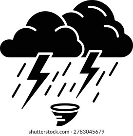 Black silhouette of storm clouds with lightning, rain, and a tornado
