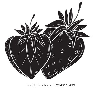 Black silhouette strawberries and half a strawberry isolated on a white background. Vector illustration