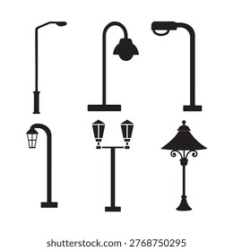 
Black Silhouette Street Light Vector Icons Set, Modern and Vintage Lamp Post Designs for Urban Planning, Outdoor Lighting Projects, City Infrastructure Illustrations, Web and App UI