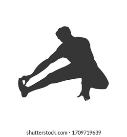 Black silhouette of stretching man. Gymnastic exercise. Outdoor fitness. Young active boy. Isolated workout image. Vector illustration