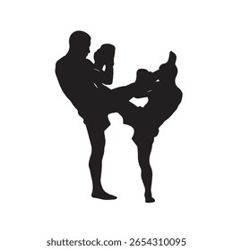 A black silhouette of a strong man demonstrating martial arts. He delivers a precise and forceful high kick, showcasing skill and fitness in this dynamic action scene.