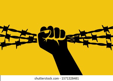 Black silhouette strong man hand in barbed wire. Isolated pictogram on yellow background. Glyph icon of freedom. Template landing page. Man versus conclusion, opposition concept. Vector flat design.