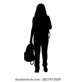 A black silhouette of a student holding a backpack and books, standing against a plain white background, representing education and learning.