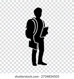 A black silhouette of a student standing with a backpack and holding books, representing education and learning