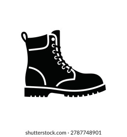 Black silhouette of a sturdy hiking boot with laces and thick tread sole on white background