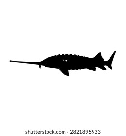 Black silhouette of a sturgeon fish showcasing its elongated body and distinctive fins against a plain background.