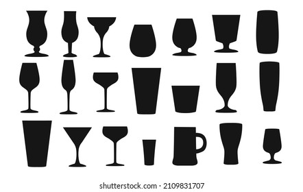 Black silhouette style beer wine and water glasses mugs vector illustration on white background