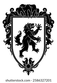 Black silhouette style heraldic shield with with floral decoration and werewolf.